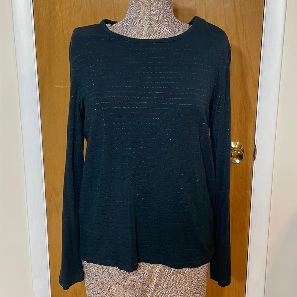 Charter Club Womens XL Black Metallic Stripe Long Sleeve Blouse